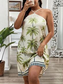 Plus Size Women's Floral Print Halter Neck Sleeveless Dress, Random Print - Multicolor - View 4