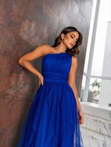 One-Shoulder Layered Bridesmaid Prom Dress - Royal Blue With Shine - View 1