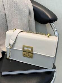 1 Stück Damen Mode minimalistischer quadratischer PU Umhängetasche, vielseitige kleine Messenger Tasche, Kettengurt - Weiss - Übersicht 7