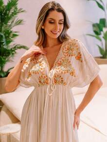 Boho Chic Long Dress With Batwing Sleeves 03-08 - Naranja - Ver 2