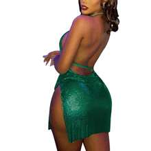 Women Bodycon Side Slit Dress Halter Neck Backless Glitter Skirt - 綠色 - 查看 5