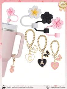 2pcs/Set Accessories For 30-40oz Cups, Pink Letter Cup Marker And Silicone Fuchsia Flower Straw Lid, Silicone Anti-Slip Protective Cover, Reusable 10mm Thick Straw Lid, Cute Letter Decor Fits Modern Minimalist Glass Cups, Back To School Supplies