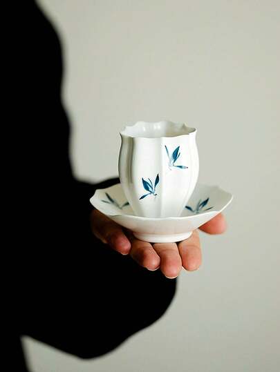 1 件手工瓷器蝴蝶兰装饰茶杯碟套装，复古中式优雅小咖啡杯，家居用品礼品茶杯返校
