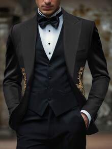 Patchwork Bump Collar Iron On Tiger Head Long Sleeve Blazer - Black - View 3