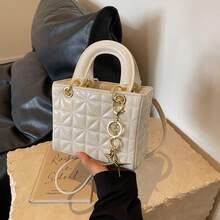 女士时尚白色单肩包，复古牛仔风格，百搭设计，拉链开合，涤纶衬里，纯色斜挎包 - 白色 - 查看 6