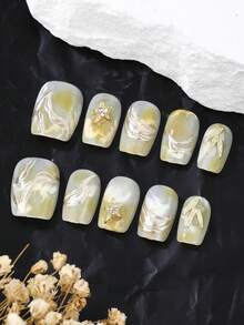Beauty, Fragrance Style, French Tip Nails, 10-Piece Set, Lemon Yellow, Short Ladder Type, Press On Nails, New Years Nails, Valentines Nail, Wearable Nail Art, Handmade, Elegant And Generous Design, High-End French Style, Gel Polishing, Flash Nail Supplies Nails - Yellow - View 4