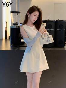 Summer French Style White Delicate Sleeveless Layered Women Fashion Short Dress