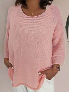 大码休闲宽松纯色七分袖毛衣 - 粉色 - 查看 3