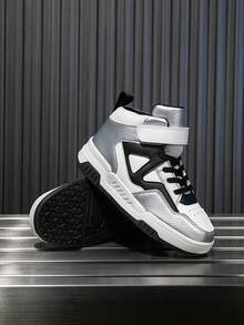 1 Đôi Giày Thể Thao Cổ Cao Cho Trẻ Em, Thân Giày Bằng Da PU, Giày Chạy Bộ Trong Nhà/Ngoài Trời, Khóa Dán Dễ Mặc, Nhẹ, Chống Trượt, Thoáng Khí, Thoải Mái, Thời Trang Unisex Retro Chunky Patchwork - Bạc - Xem 9