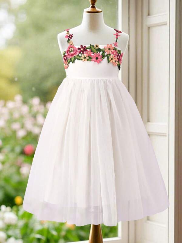Vihyde Vestito da ragazza decorato con ricami, con spalline a spaghetti e vita alta, adatto per matrimoni, lauree, feste di compleanno
