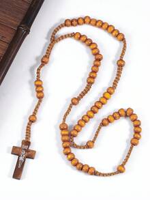 1 Classic Retro Wooden Beaded Cross Pendant Necklace, Unisex Personalized Rosewood Handmade Prayer Bead Jewelry Gift - Pendant Necklace - View 7