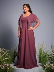 Plus Size Mgiacy Square Neck Flounce Sleeve Patchwork Beaded Fringe Hem Dress Bridesmaid Dress - Pink - View 2