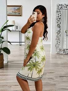 Plus Size Women's Floral Print Halter Neck Sleeveless Dress, Random Print - Multicolor - View 3