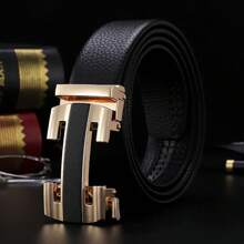 1pc Men Belt Fashionable All-Match Black Belt Leisure Business Automatic Buckle Golden Belt Gift For Boyfriend/Elders/Daily Life Summer, School