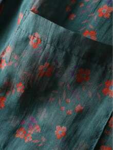 女士碎花立领亚麻衬衫短袖小翻领休闲上衣 - 綠色 - 查看 6