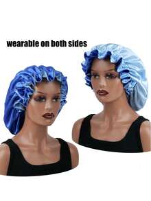 1 PC Reversible Imitated Silk Nightcap, Double Sided Satin Shower Cap Bonnet - Blue - View 4