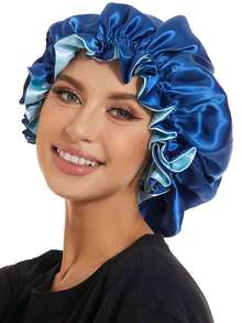 1 PC Reversible Imitated Silk Nightcap, Double Sided Satin Shower Cap Bonnet - Blue - View 1