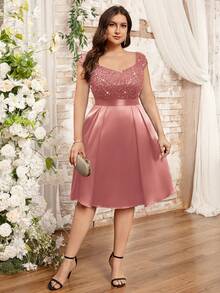 加大 V 领亮片蕾丝撞色缎面正式派对秋千裙，优雅舞会婚礼宾客礼服，适合生日、毕业典礼、返校节 - 藕粉色 - 查看 8