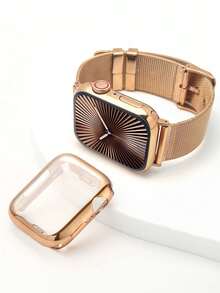 Huastonband Compatible Band And Case Set, 2pcs Rose Gold Stainless Steel Breathable Adjustable Mesh Band + PC Soft Material Anti-Collision Gold Watch Protective Case With Screen Protector For Series SE S10/S9/S8/S7/S6/S5/S4 38mm/40mm/41mm/42mm/44mm/45mm Men's And Women's Smart Watch Accessories, Men's And Women's Accessories For Summer Beach, Party, Holiday Gift - Rose Gold - View 11