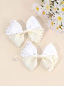 2pcs Flower Hair Bow Clips For Girls, Beige Bow Alligator Clips With Pearls, Elegant Hair Grosgrain Ribbon Barrettes, Toddler Girl Pigtail Hair Clips, Spring Birthday Wedding Gift, Kids Floral Hair Accessories. - Beige - View 1