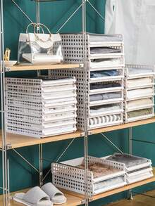 1pc Multi-Layer Stackable Wardrobe Storage Basket,Drawer Style Partition Shelves,Closet Organization Rack - Beige - View 6