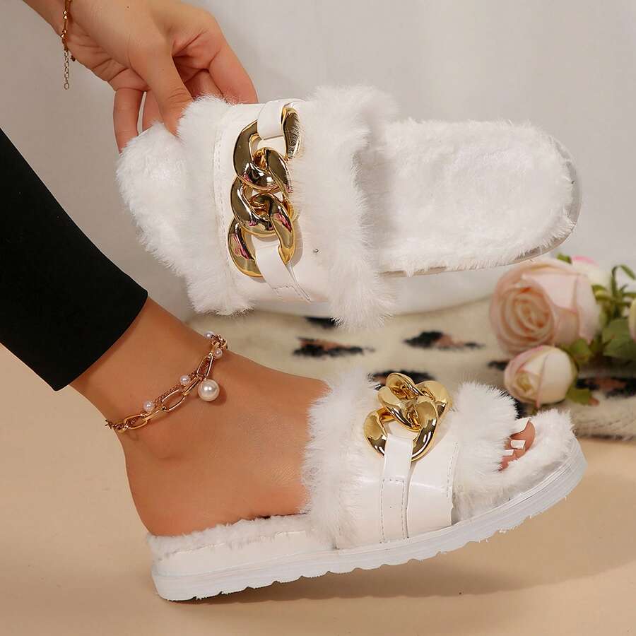 Women's Metallic Chain Sandals - Fluffy & Open Toe For Winter Wear - trắng - Xem 1