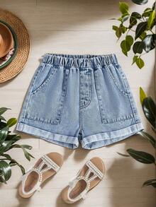 1pc Tween Girl Jeans, Cool Street-Style With Large Pockets & Rolled Hem - Medium Wash - View 3