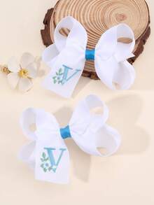 2 piezas Clips para el cabello con bordado floral lindo de 26 letras y lazo, accesorios para el cabello tipo pato para niñas, adecuados para decoración diaria - Multicolor - Ver 31