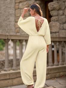 Solid Color V-Neck Loose Waist Simple Spring And Summer Drawstring Jumpsuit