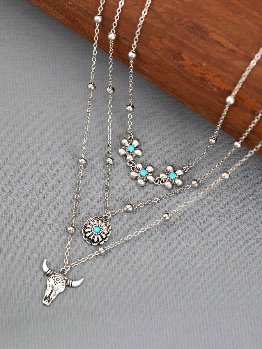 3pcs/Set Vintage Western Style Faux Turquoise Necklace Set - Multicolor - View 1