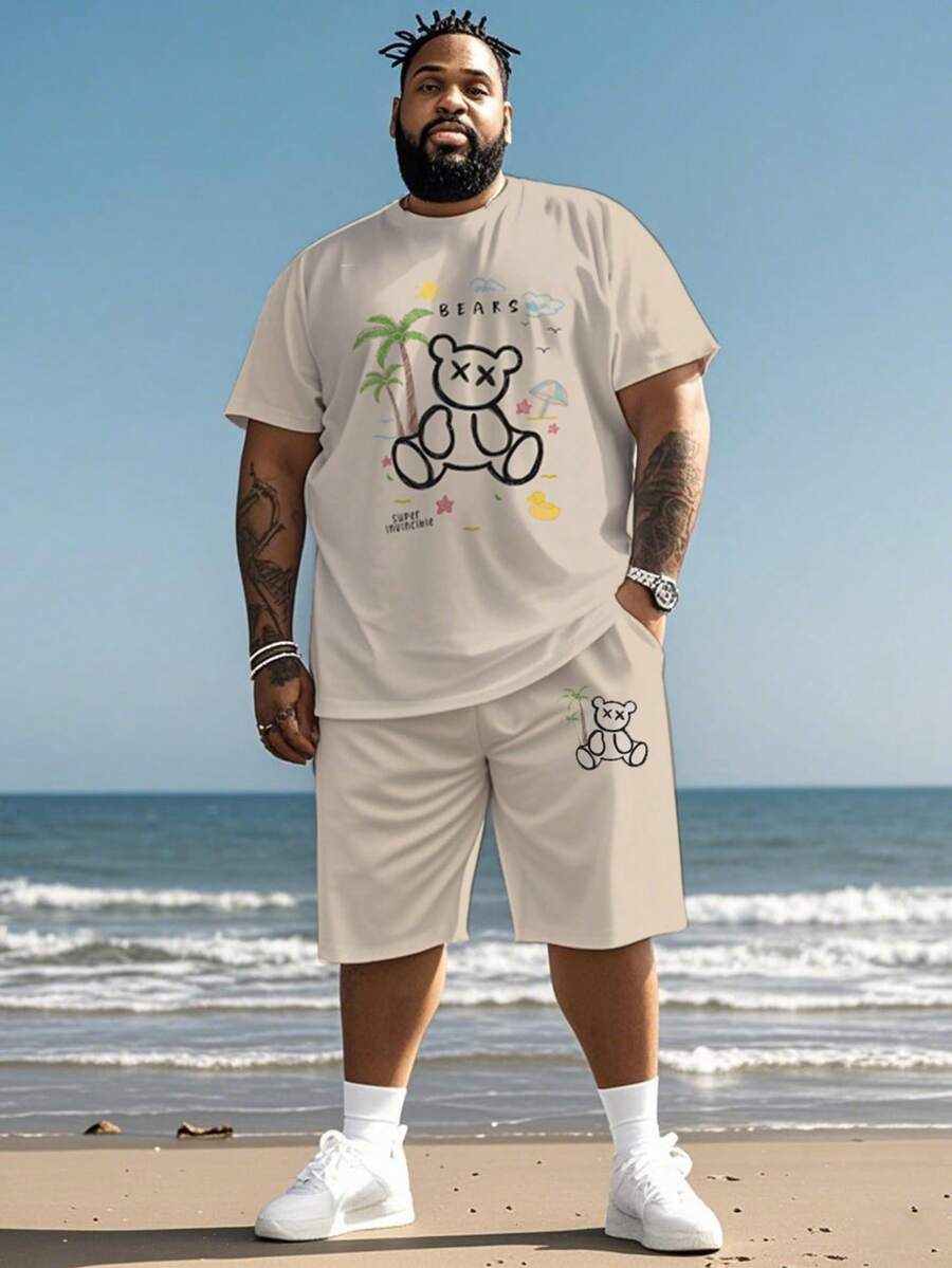 Ensemble t-shirt et short grande taille pour hommes imprimé ours et motif lettrage hawaïen - Kaki - Voir 1