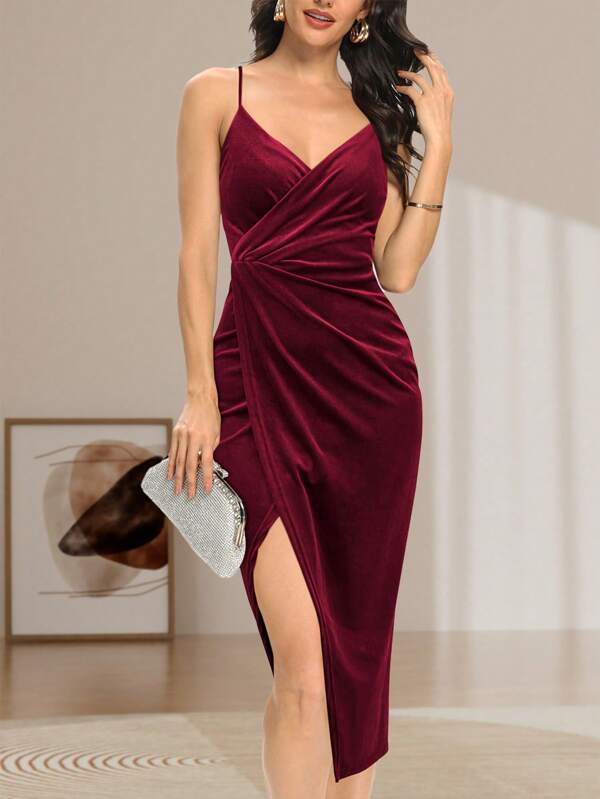 Missufe Women's Wrap Burgundy Red V Neck Slit Velvet Slim Fit Cocktail Dress Glittery Elegant Midi Adjustable  Dress Party Dress Wedding Guest Dress