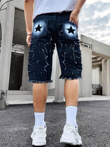 Men's Fashionable Solid Color Fringe Slim Fit Denim Shorts - Black - View 2