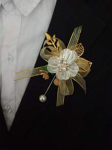 1 Shiny Rose Vintage Elegant Brooch + 1 Wrist Corsage Set, Unisex Design, Suitable For Groom, Bride, Wedding, Formal Party - Multicolor - View 4
