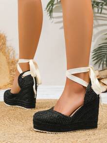 Giày sandal đế xuồng D"Ovsay dành cho nữ, giày đế đay dệt quai mắt cá chân, giày sandal đế dày thường ngày cho mùa hè - màu đen - Xem 4