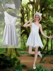 2 件套卡通穴居人主题白色不对称肩部连衣裙简约设计，白色骨头发饰，派对服装，角色扮演服装，万圣节服装 - 白色 - 查看 2