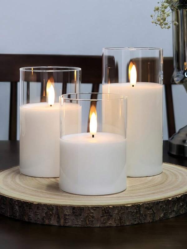1pc/3pcs LED Candles With/Without Remote, Flameless Candles, Candle Warmers, Candle Lamps, 3D Moving Flame Battery Operated Candles (Batteries Not Included), Suitable For Festivals, Weddings, Gifts, Fireplaces, Home Decor (Clear, 3" X 4" 5" 6")