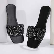 Rhinestone Square Toe Slippers For Women - Casual Fashion Slip-Ons For Indoor/Outdoor Use In Summer. Flat Bottom Sandals With Open Toe - Perfect Beachwear! - 全黑 - 查看 6
