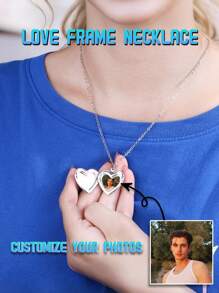 1 Pieza, Collar personalizado con forma de corazón, personalizable con fotos, disponible en 5 estilos, color plateado general, con corazón en forma de corazón personalizado grabado, se puede abrir como un colgante para guardar fotos.