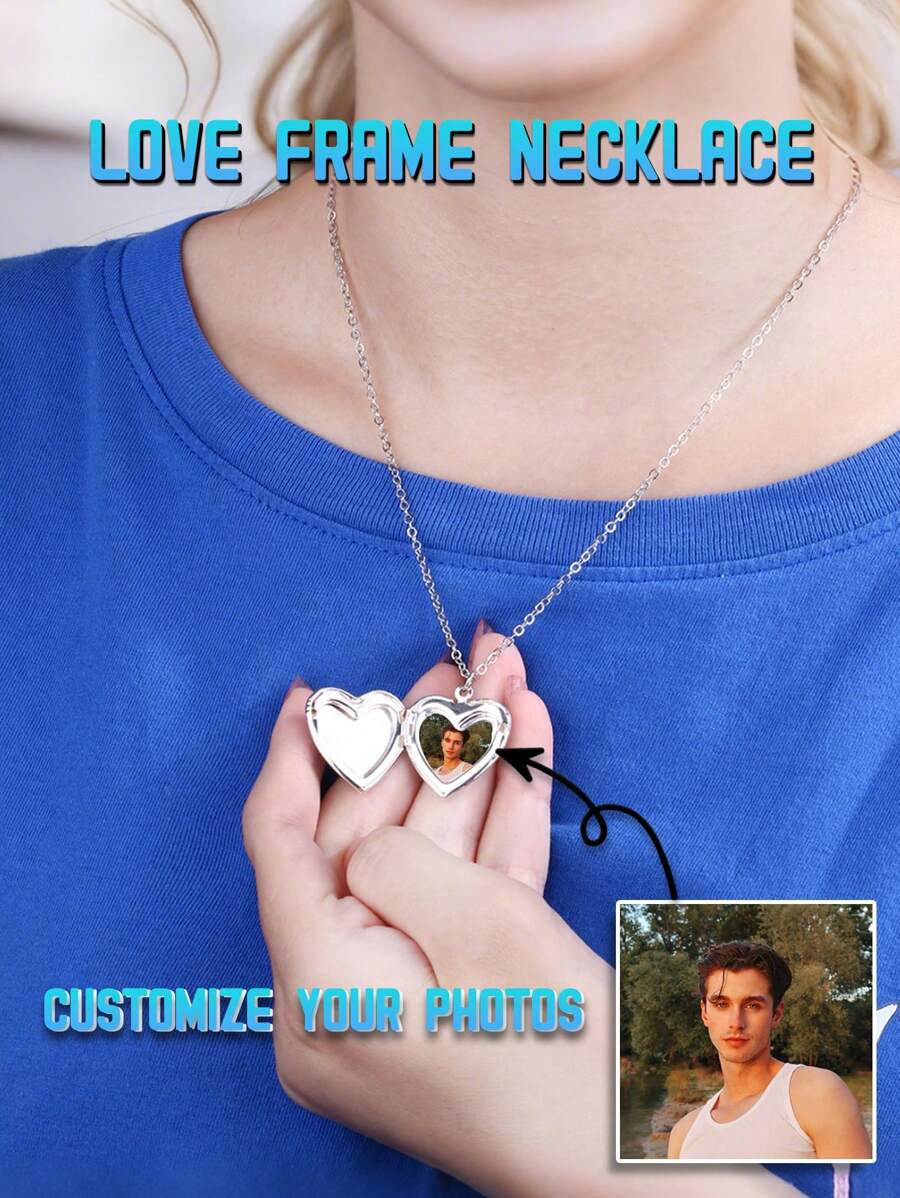 1 Pieza, Collar personalizado con forma de corazón, personalizable con fotos, disponible en 5 estilos, color plateado general, con corazón en forma de corazón personalizado grabado, se puede abrir como un colgante para guardar fotos.