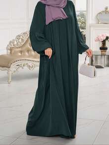 1 chiếc áo choàng màu trơn có thiết kế xếp ly ở ngực và tay áo, áo choàng Abaya thời trang đa năng thích hợp cho thường ngày, giải trí, cầu nguyện - Màu xanh lá cây đậm - Xem 4