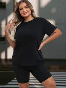 大码夏季休闲纯色短袖 T 恤和短裤运动套装