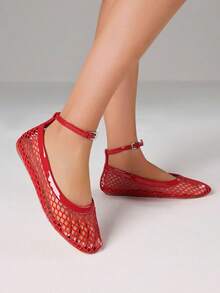 Mesh Ballet Women Flat Sandals Breathable Comfortable Ankle Buckle Strap Lightweight Soft Beach Vacation Fishnet Casual Summer Flats Shoes - 紅色 - 查看 3