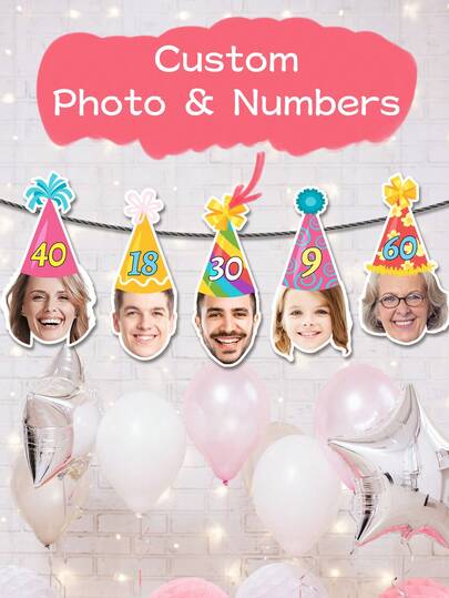 Pancarta de cumpleaños personalizada con foto, Pancarta de cumpleaños con foto personalizada, Pancarta con rostro, Pancartas de cumpleaños personalizadas con foto, Banderas divertidas personalizadas con rostro, Guirnalda de fiesta personalizada con imagen, Carga números o iniciales para decoraciones de fiesta de cumpleaños.