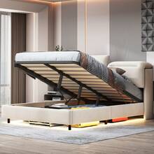 Double Bed 160x200 Cm, Upholstered Bed With Adjustable Headboard, Storage Space Under The Bed, Ottoman Bed Frame With Gas Spring, Without Mattress, Beige