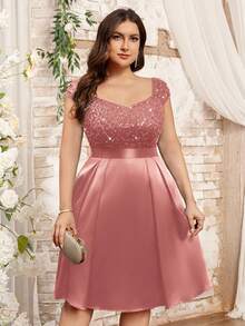 加大 V 领亮片蕾丝撞色缎面正式派对秋千裙，优雅舞会婚礼宾客礼服，适合生日、毕业典礼、返校节 - 藕粉色 - 查看 3