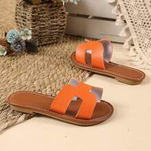 1 par de sandalias planas de color naranja talla grande para niñas, sandalias de PU de unicolor cómodas con tira, puntera redonda, antideslizantes, lindas y adecuadas para niños y niñas de 3 a 15 años, para uso diario, casual, fiesta, viaje, nueva llegada primavera/verano 2026 - Naranja - Ver 6