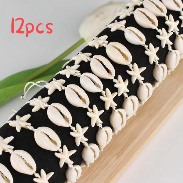 12 PCS Fashion Beach Hawaiian Style White Kauri Stone Starfish Good Luck Amulet Braided Vacation Bracelet For Girls Friendship Bracelet Gift Jewelry Wholesale Family Sharing Pack