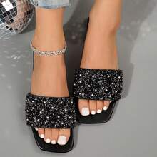 Rhinestone Square Toe Slippers For Women - Casual Fashion Slip-Ons For Indoor/Outdoor Use In Summer. Flat Bottom Sandals With Open Toe - Perfect Beachwear! - 全黑 - 查看 7