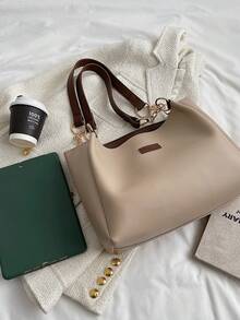 1pc Letter Contrast Color Strap Large Capacity Tote Bag, Versatile Shoulder Bag Suitable For Women To Commute - Khaki - View 5